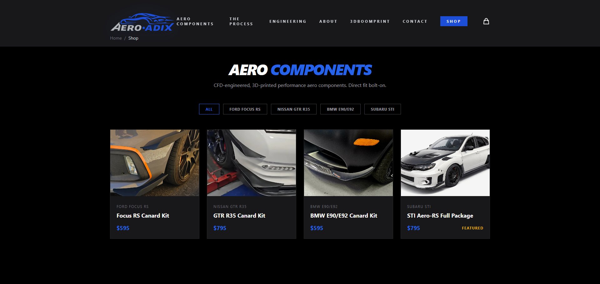 AeroAdix shop catalog — four vehicle platform tiles for Focus RS, GTR R35, BMW E90/E92, and Subaru STI