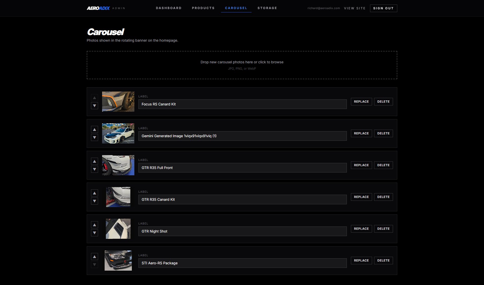 Admin carousel manager — drag-and-drop upload, inline label editing, reorder, replace, delete
